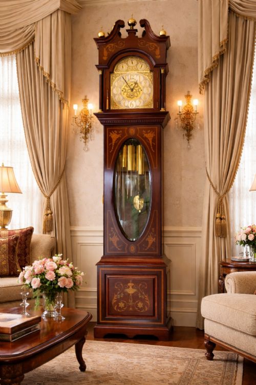 fig 1. Substantial Exceptional Edwardian 9-Tube Musical Marquetry Longcase Clock