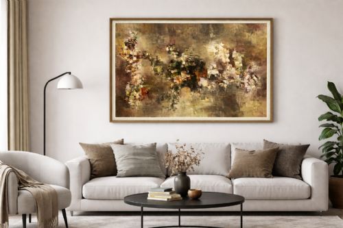fig 1. A large framed abstract oil painting featuring heavily textured impasto brushwork in shades of brown, beige, green, and cream.