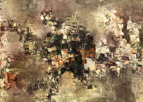 fig 3. A large framed abstract oil painting featuring heavily textured impasto brushwork in shades of brown, beige, green, and cream.