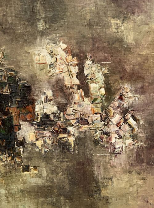 fig 4. A large framed abstract oil painting featuring heavily textured impasto brushwork in shades of brown, beige, green, and cream.