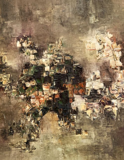 fig 5. A large framed abstract oil painting featuring heavily textured impasto brushwork in shades of brown, beige, green, and cream.