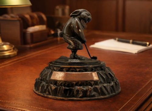 fig 1. Antique Bronze Rabbit Golfer Novelty Desktop Statue Figurine Sculpture