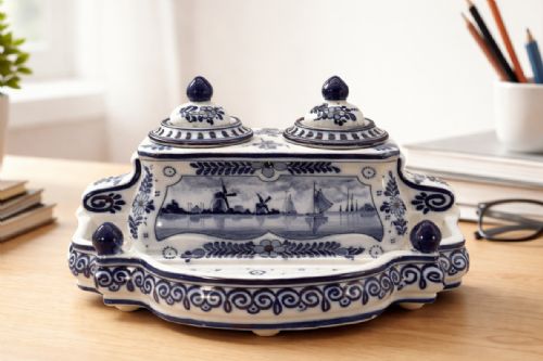 DUTCH DELFT DESKTOP INKWELL STAND BLUE AND WHITE FAIENCE LATE 19THCENTURY - ADDITIONAL PHOTO 1