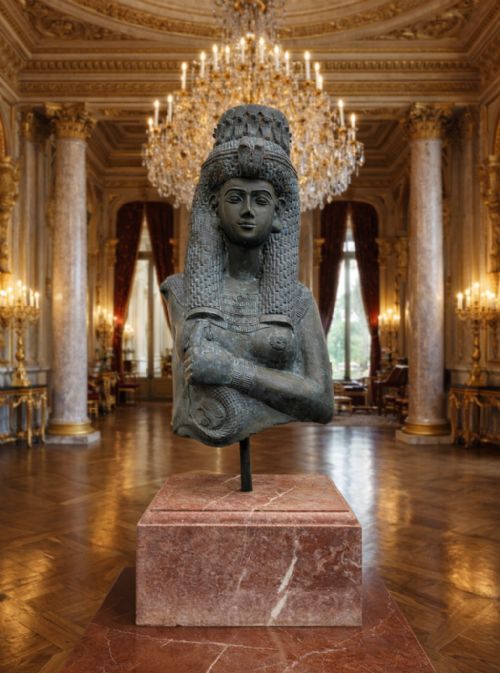fig 1. A dark green patinated bronze bust of Cleopatra holding an asp, mounted on a rectangular pink marble base.