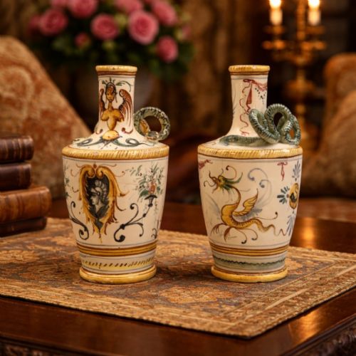 fig 1. Pair Italian Majolica Renaissance Revival Snake Bottle Vases Polychrome 19thC