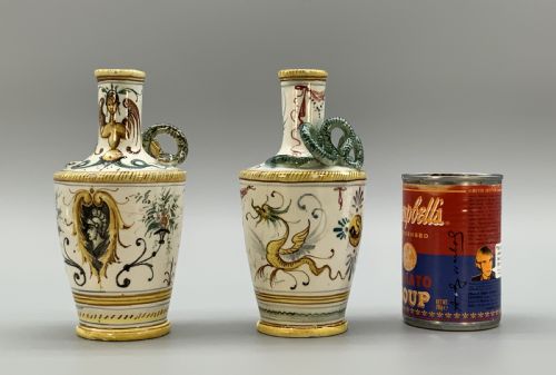 fig 2. Pair Italian Majolica Renaissance Revival Snake Bottle Vases Polychrome 19thC