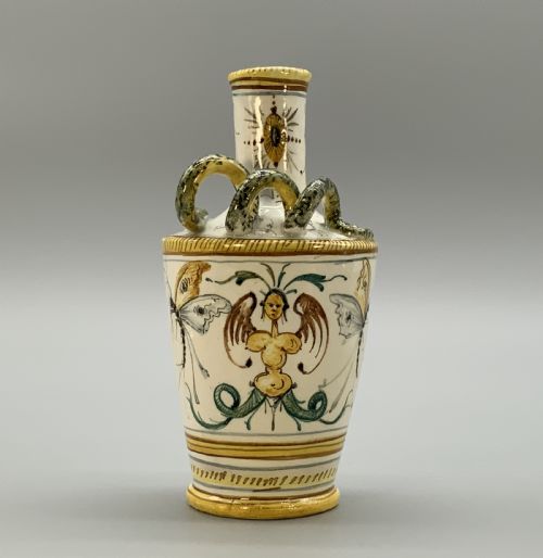 fig 5. Pair Italian Majolica Renaissance Revival Snake Bottle Vases Polychrome 19thC