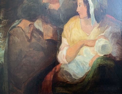 VICTORIAN GENRE OIL PORTRAIT PAINTING PARENTS WITH CHILD CIRCA 1880 - ADDITIONAL PHOTO 5