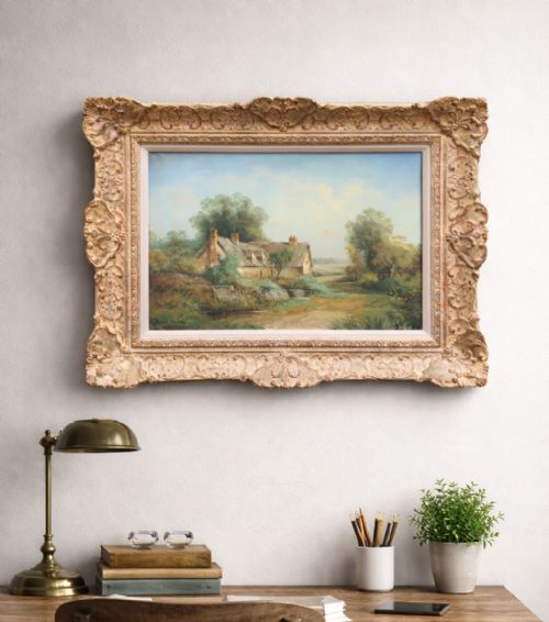 fig 1. An oil painting depicting a thatched cottage along a dirt lane, housed inside an ornate swept gilt frame with scroll motifs.