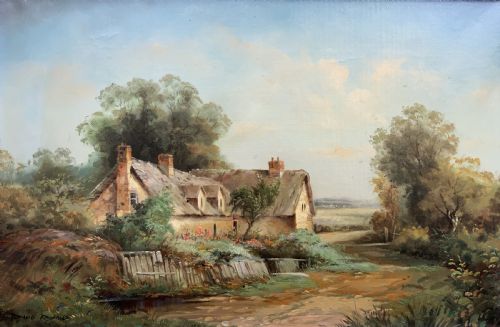 fig 2. An oil painting depicting a thatched cottage along a dirt lane, housed inside an ornate swept gilt frame with scroll motifs.