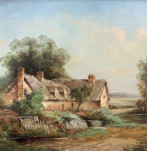 fig 5. An oil painting depicting a thatched cottage along a dirt lane, housed inside an ornate swept gilt frame with scroll motifs.
