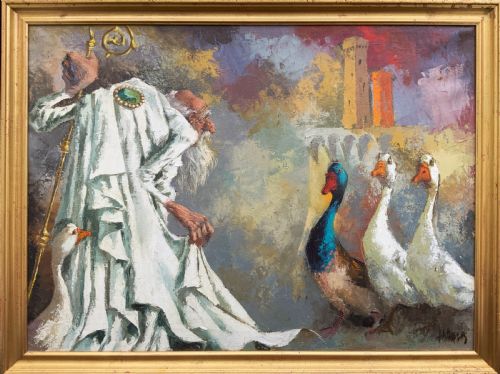 Original Vintage Oil Painting 'Archbishop and the Geese' After Marc Chagall