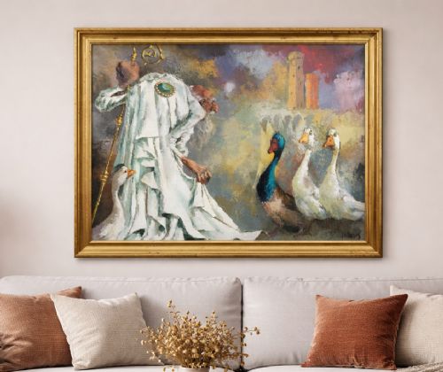 fig 1. A framed oil painting featuring an archbishop in white robes standing near white geese against an architectural backdrop.
