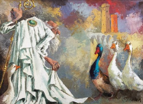 fig 2. A framed oil painting featuring an archbishop in white robes standing near white geese against an architectural backdrop.