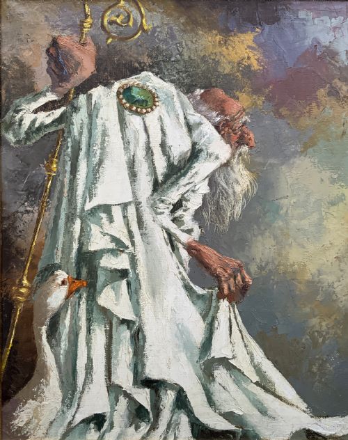 fig 3. A framed oil painting featuring an archbishop in white robes standing near white geese against an architectural backdrop.