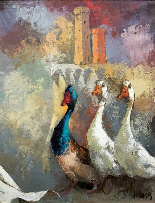 fig 4. A framed oil painting featuring an archbishop in white robes standing near white geese against an architectural backdrop.