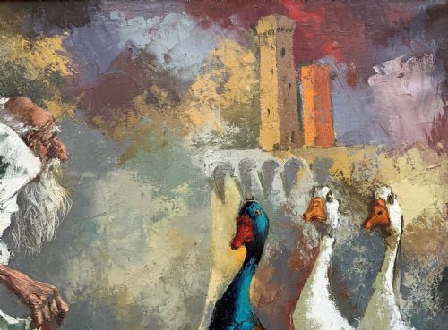 fig 5. A framed oil painting featuring an archbishop in white robes standing near white geese against an architectural backdrop.