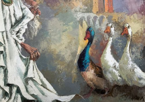 fig 6. A framed oil painting featuring an archbishop in white robes standing near white geese against an architectural backdrop.