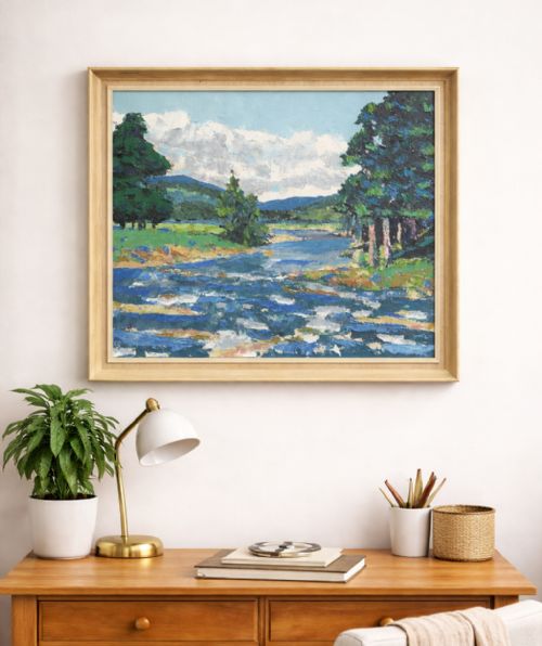 fig 1. A framed mid-century impressionist oil painting depicting a blue river flowing through a green landscape with trees and hills under a cloudy sky.