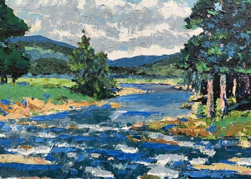 fig 2. A framed mid-century impressionist oil painting depicting a blue river flowing through a green landscape with trees and hills under a cloudy sky.