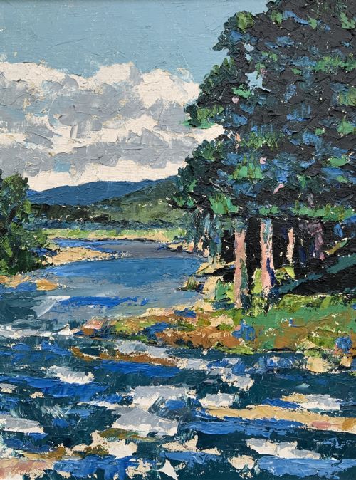 fig 4. A framed mid-century impressionist oil painting depicting a blue river flowing through a green landscape with trees and hills under a cloudy sky.
