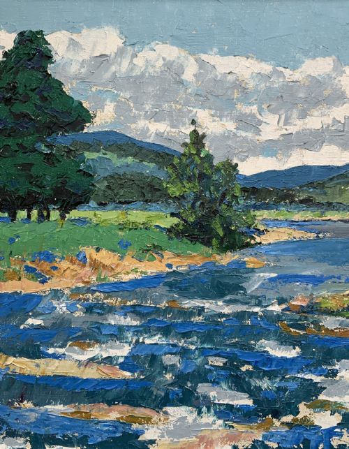 fig 6. A framed mid-century impressionist oil painting depicting a blue river flowing through a green landscape with trees and hills under a cloudy sky.