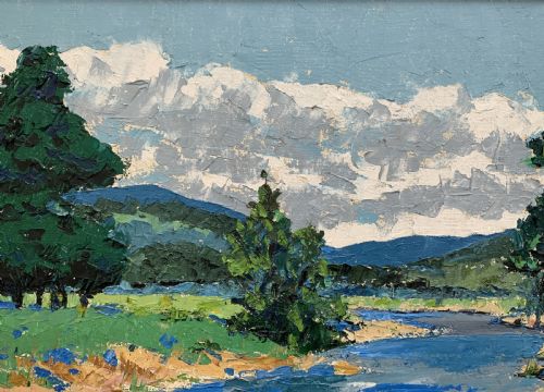 fig 7. A framed mid-century impressionist oil painting depicting a blue river flowing through a green landscape with trees and hills under a cloudy sky.