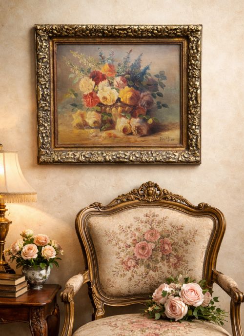 fig 1. Fine 19th-Century Swiss Floral Still Life Oil painting for Minor TLC (1 of 2