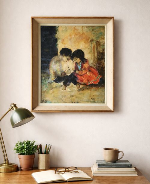 fig 1. Superb Impressionist Double Impasto Oil Portrait Painting Mid-Century Children