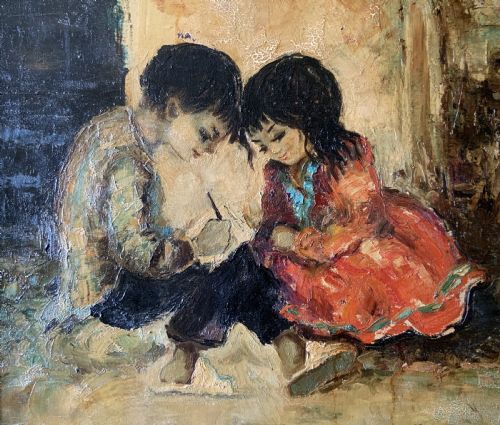 fig 3. Superb Impressionist Double Impasto Oil Portrait Painting Mid-Century Children
