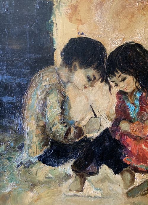 fig 5. Superb Impressionist Double Impasto Oil Portrait Painting Mid-Century Children