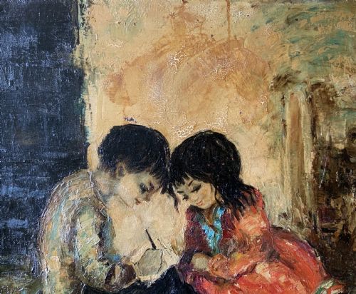 fig 6. Superb Impressionist Double Impasto Oil Portrait Painting Mid-Century Children