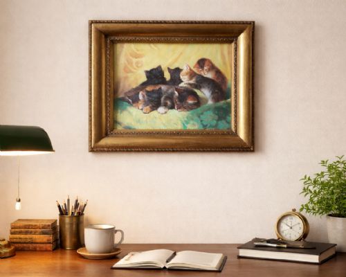 fig 1. An oil painting on a wooden panel depicting a mother cat and five kittens resting on a green fabric, housed in a wide gilt frame.