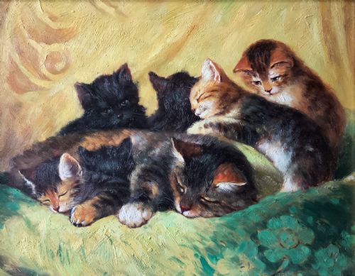 fig 2. An oil painting on a wooden panel depicting a mother cat and five kittens resting on a green fabric, housed in a wide gilt frame.