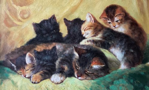 fig 3. An oil painting on a wooden panel depicting a mother cat and five kittens resting on a green fabric, housed in a wide gilt frame.