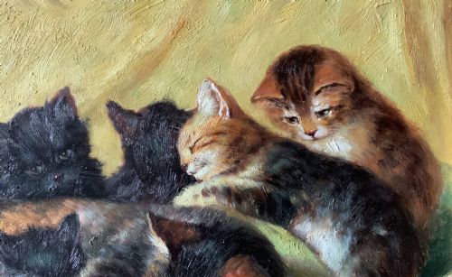 fig 6. An oil painting on a wooden panel depicting a mother cat and five kittens resting on a green fabric, housed in a wide gilt frame.