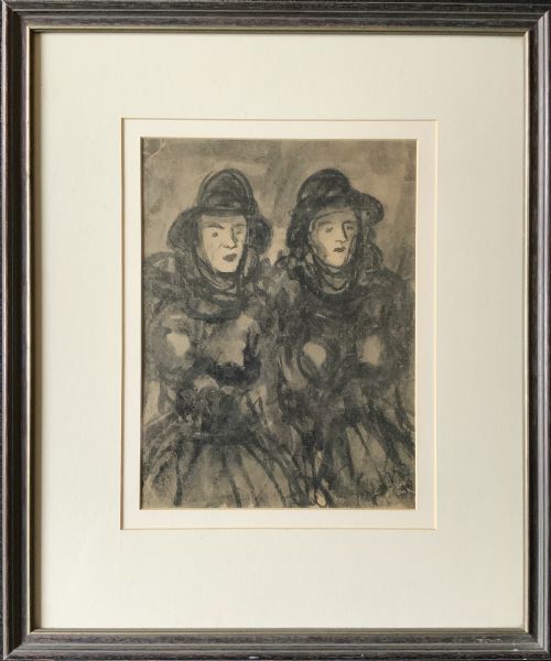 Twin Sisters by Jean-georges Simon (1894-1968) Ink and Wash Portrait Painting