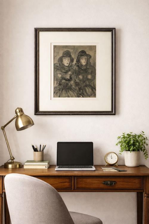 fig 1. Twin Sisters by Jean-Georges Simon (1894-1968) Ink and Wash Portrait Painting