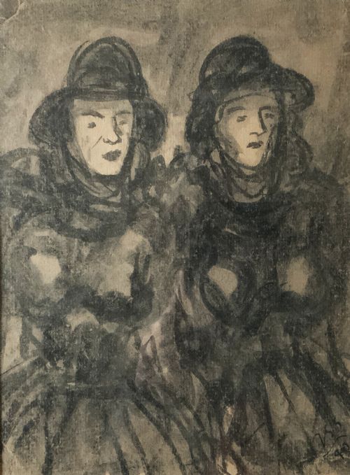 fig 2. Twin Sisters by Jean-Georges Simon (1894-1968) Ink and Wash Portrait Painting
