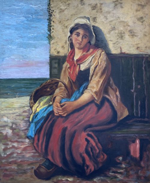 fig 2. A 19th-century oil painting depicting a young Dutch fisher girl in traditional costume seated near the sea, housed within an ornate gilt wooden frame.