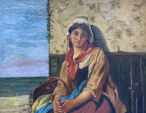 fig 3. A 19th-century oil painting depicting a young Dutch fisher girl in traditional costume seated near the sea, housed within an ornate gilt wooden frame.