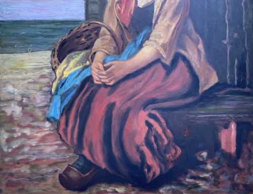 fig 5. A 19th-century oil painting depicting a young Dutch fisher girl in traditional costume seated near the sea, housed within an ornate gilt wooden frame.