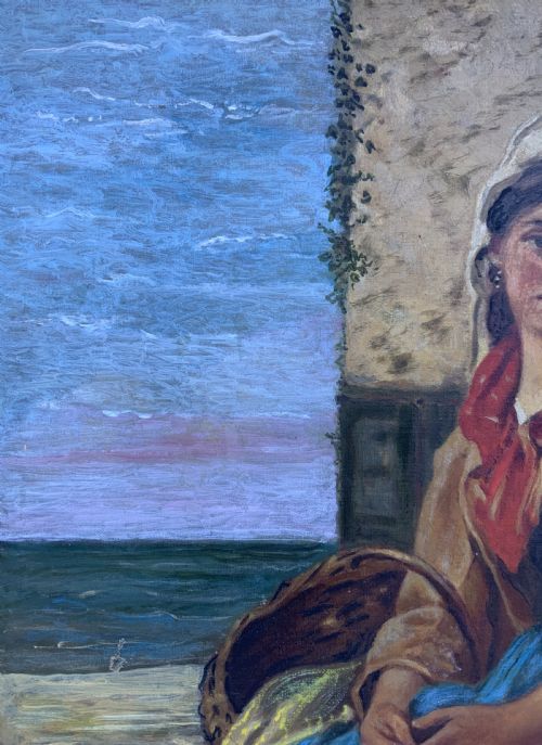 fig 7. A 19th-century oil painting depicting a young Dutch fisher girl in traditional costume seated near the sea, housed within an ornate gilt wooden frame.