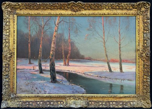 Sevonowski School - Winter Landscape at Sunset Antique Oil Painting