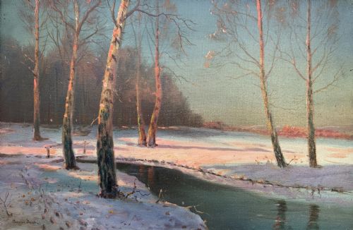 fig 1. Sevonowski School - Winter Landscape At Sunset Antique Oil Painting