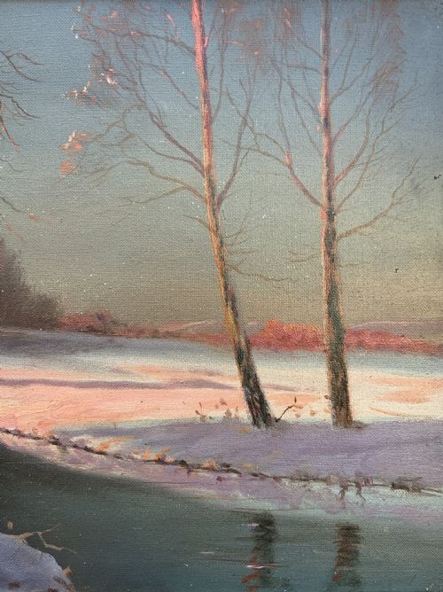 fig 3. Sevonowski School - Winter Landscape At Sunset Antique Oil Painting