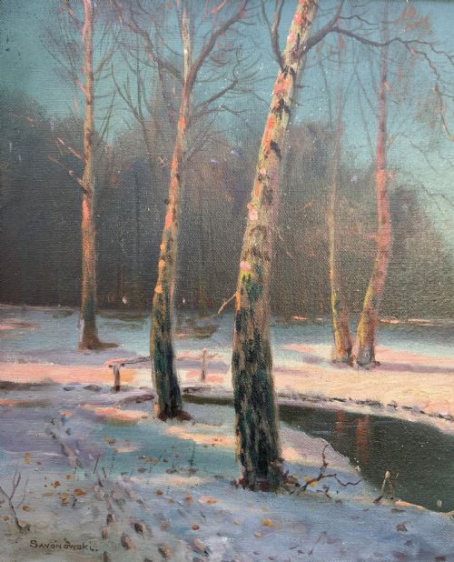 fig 5. Sevonowski School - Winter Landscape At Sunset Antique Oil Painting