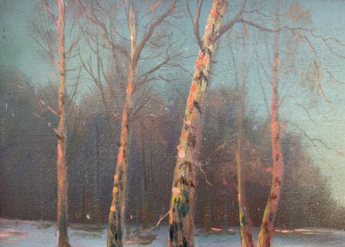 fig 6. Sevonowski School - Winter Landscape At Sunset Antique Oil Painting