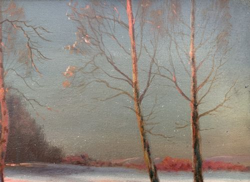 fig 7. Sevonowski School - Winter Landscape At Sunset Antique Oil Painting