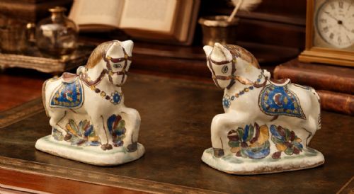 fig 1. Pair Delft Faience Pony Horse Figurines 18th-Century Polychrome Ceramics Statue